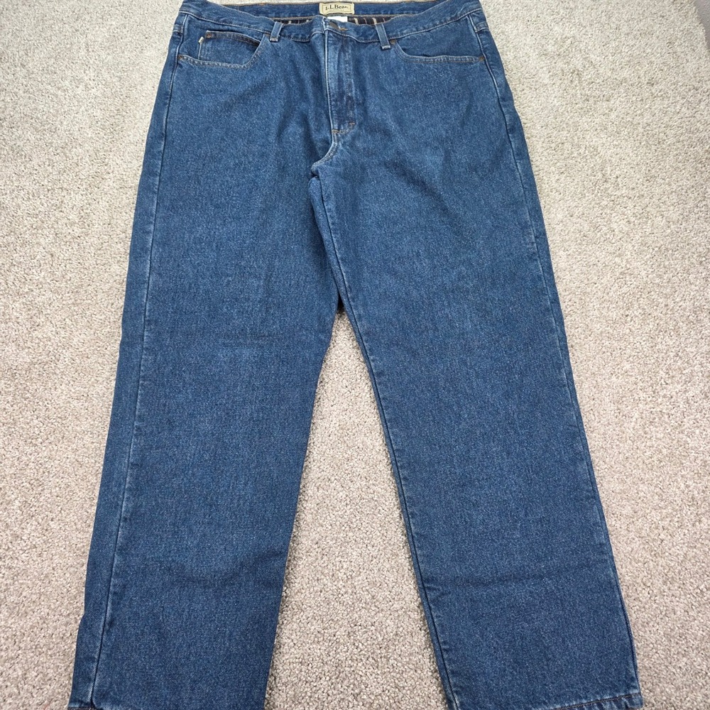 LL Bean Classic Fit Flannel Lined Jeans Mens 40x30 Blue Plaid Denim Pristine